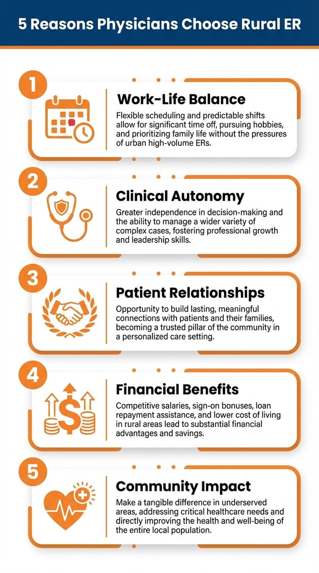 Chart of 5 reasons that emergency room physicians choose rural ERs.