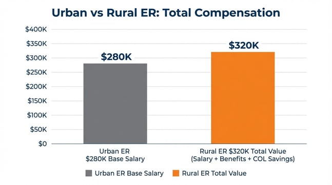 A bar chart showing rural er physician income is higher than urban physician income.